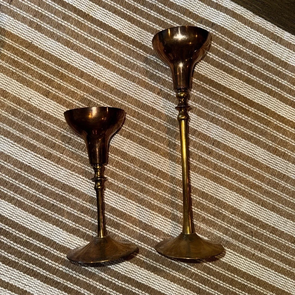 Vintage Made in India Brass and Copper Candlestick Holders Shelf Decor Set of 2